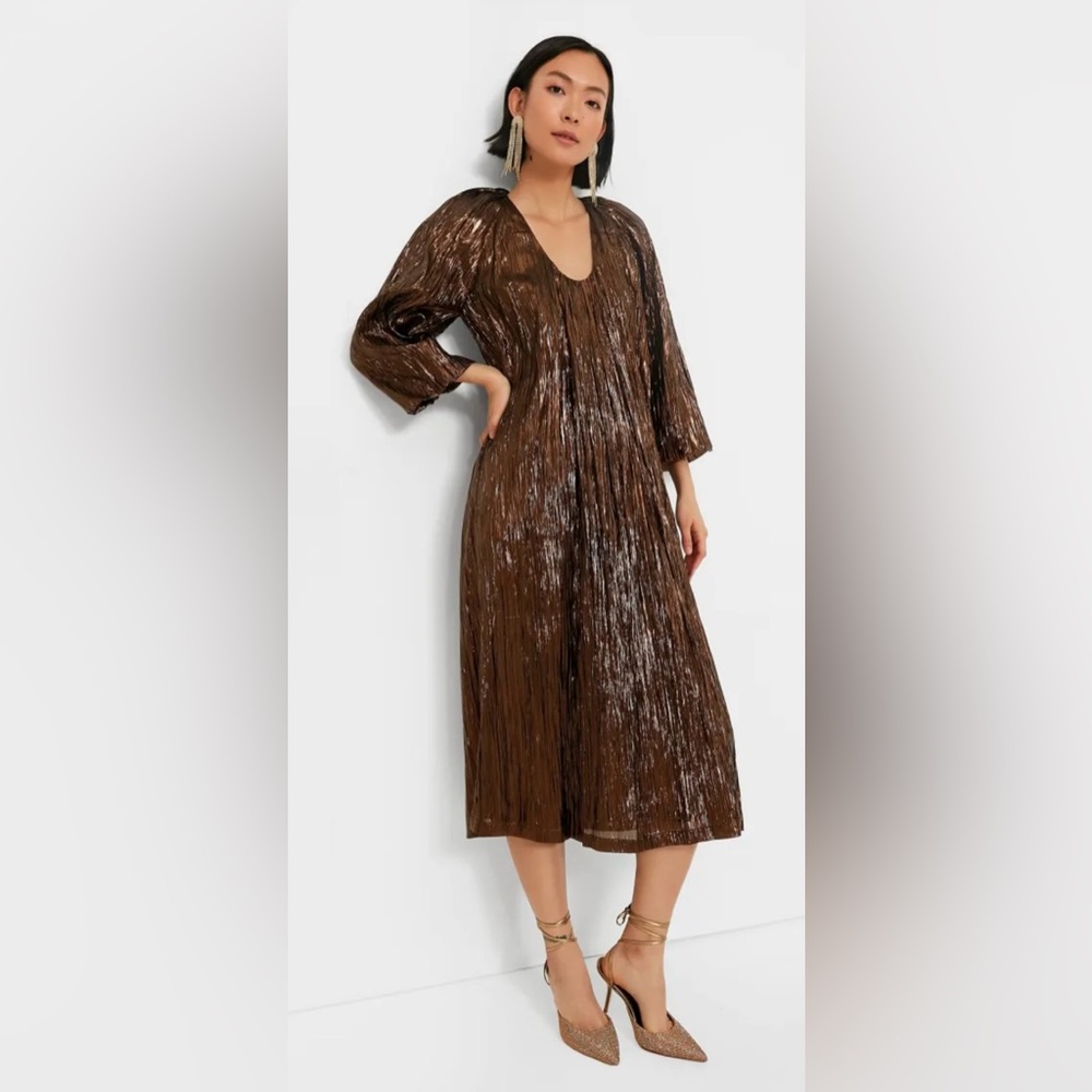 XS Tuckernuck Hyacinth House Dorinda Plisse Midi Dress Bronze - Picture 3 of 6
